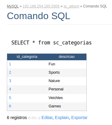 Resultado do SQL executado