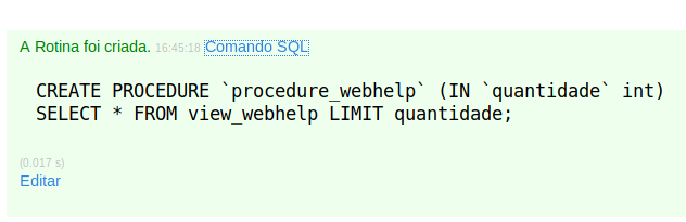 Log do comando executado na criação da procedure