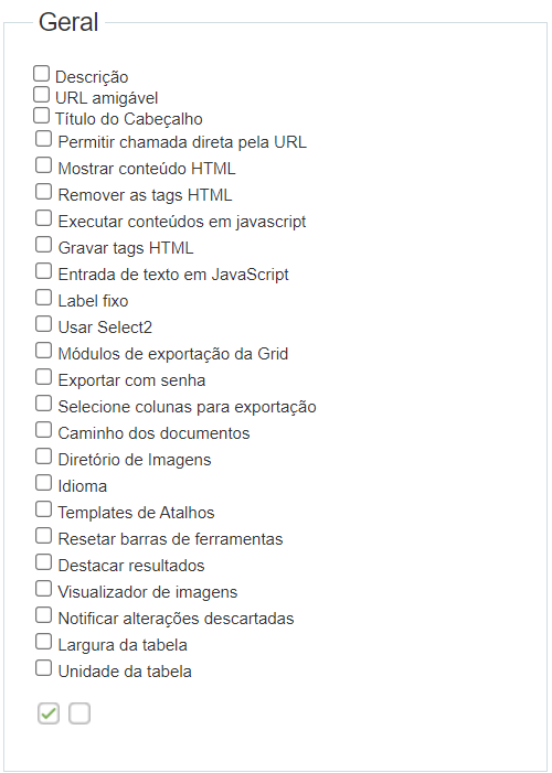 Lista de opções da categoria geral da edição expressa