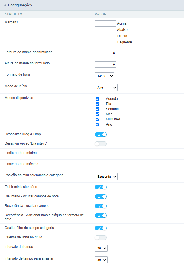 Configuração do Calendário