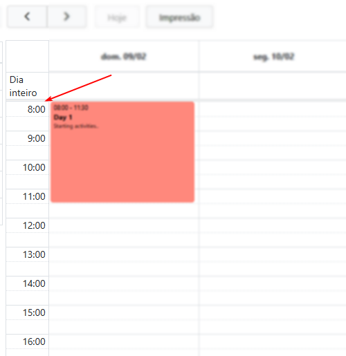 Exemplo do calendário iniciando as 8 horas