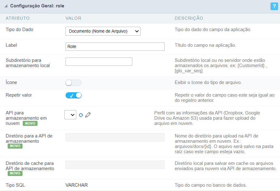 Interface Configuração Geral do Campo.