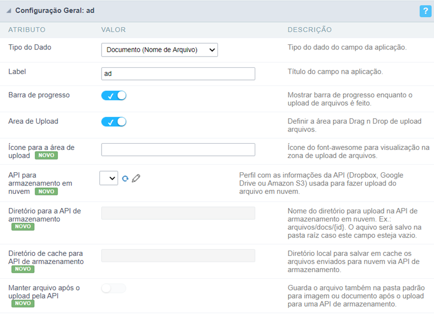 Interface de configuração do campo tipo Documento (Nome do Arquivo).