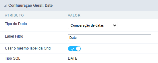 Tela de configuração do campo data com valor agrupado