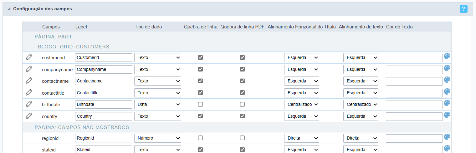 Visão geral da tela de editar campos