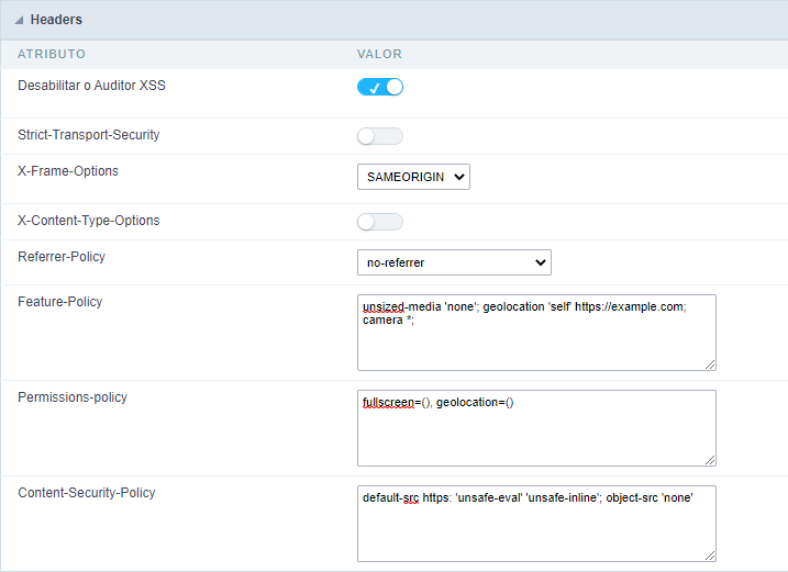 Configuração de segurança de headers na aplicação