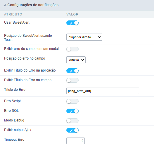 Interface de configuração de erros.