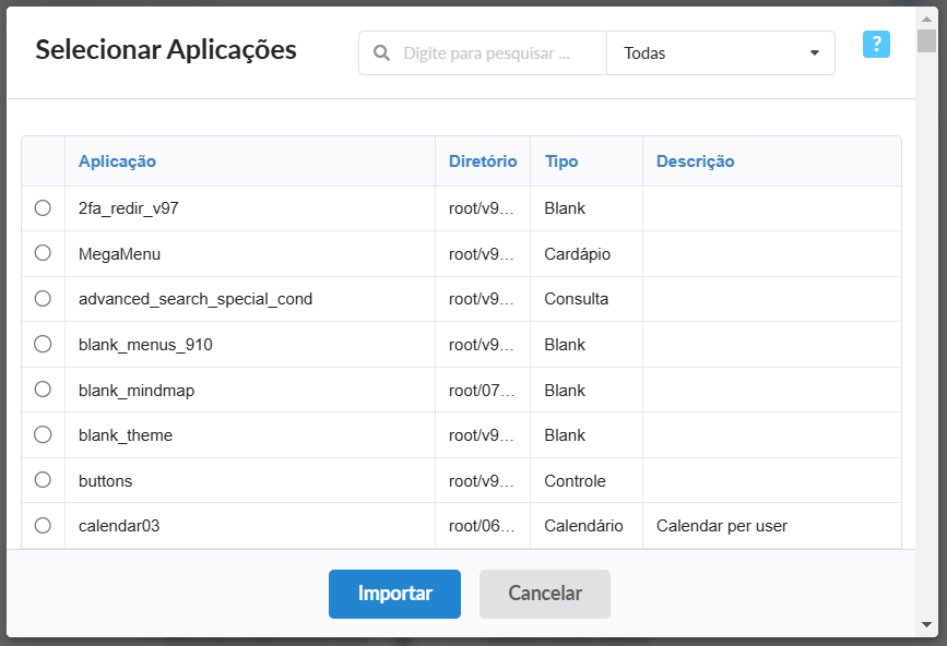 Interface Importação de Aplicação.