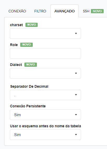 Configuração avançada de conexão de banco de dados