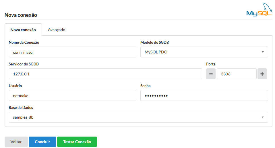 Tela de configuração de conexões do ambiente de produção