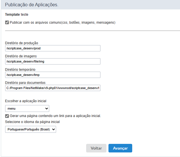 Configuração publicação avançada