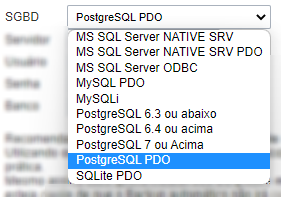Selecione o SGBD e o respectivo driver