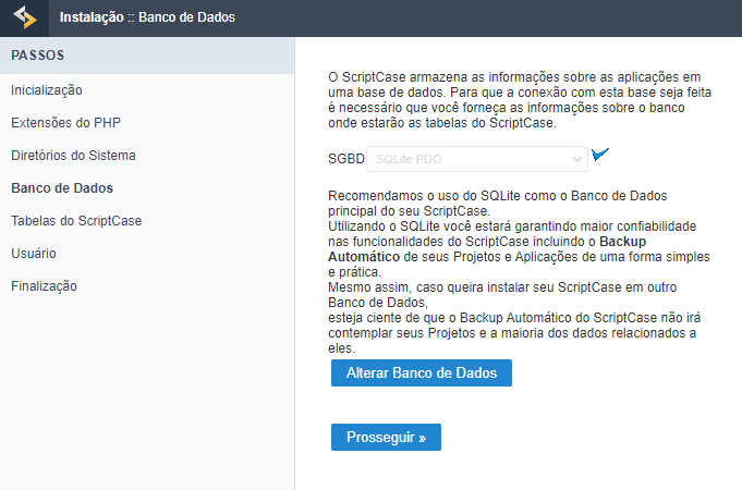 Tela de escolha do banco de dados da instalação