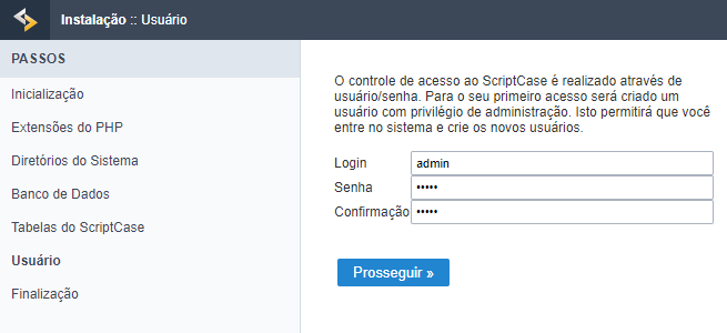 Tela de configuração do usuário