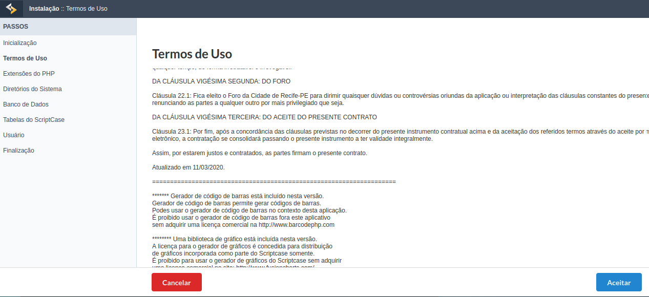 Tela inicial da instalação