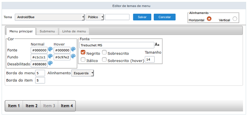Tela de criação de CSS de Menu