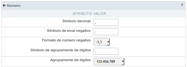 Tela de configuração regional grupo números