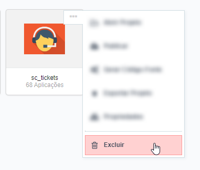 Botão deletar projeto na interface dos projetos