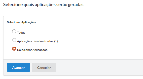 Selecione as aplicações que terão seu código fonte gerado