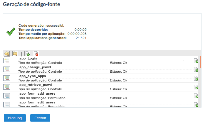 Log da geração das aplicações
