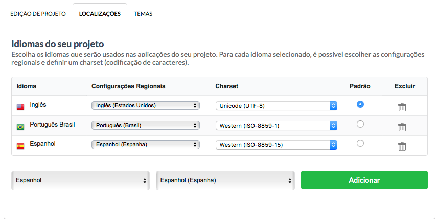 Tela de definição dos idiomas do projeto