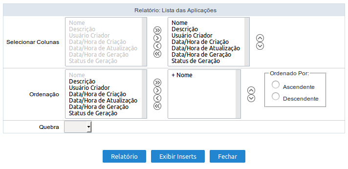 Definição das informações do relatório