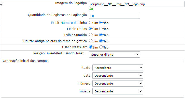 Valores Padrão do projeto - Dados Gerais