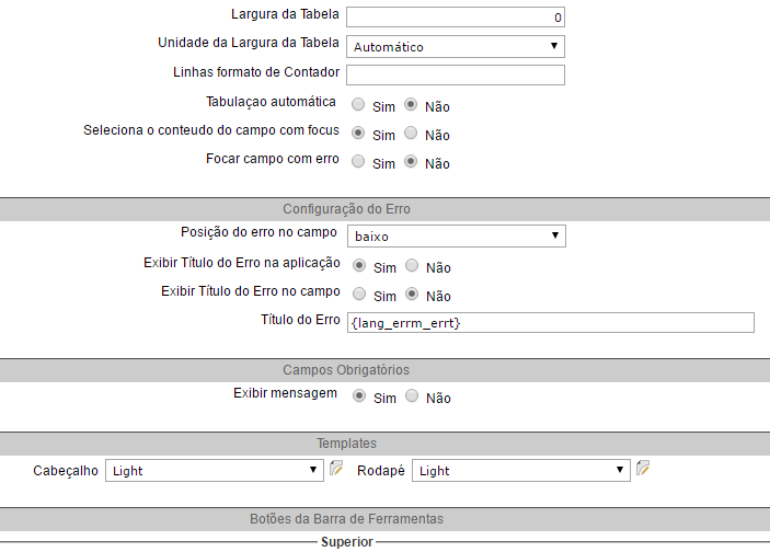 Valores Padrão do projeto - Formulário