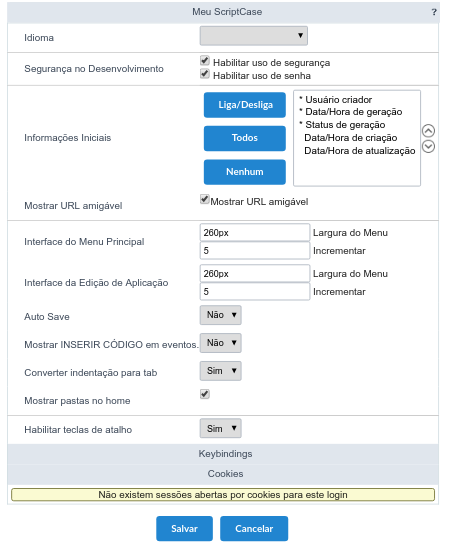 Interface de configuração das configuração de utilização do Scriptcase