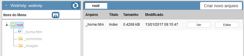 Tela inicial de criação de pastas e arquivos